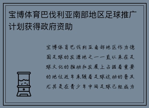 宝博体育巴伐利亚南部地区足球推广计划获得政府资助
