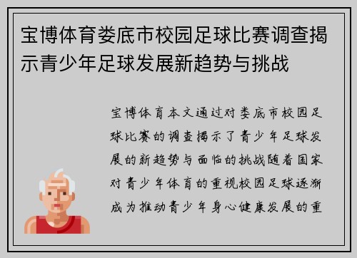 宝博体育娄底市校园足球比赛调查揭示青少年足球发展新趋势与挑战