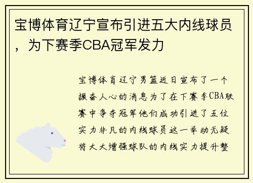 宝博体育辽宁宣布引进五大内线球员，为下赛季CBA冠军发力