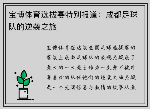 宝博体育选拔赛特别报道：成都足球队的逆袭之旅