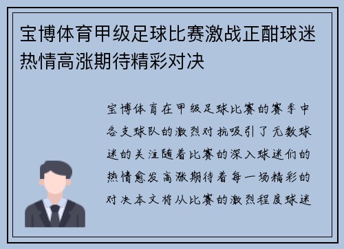 宝博体育甲级足球比赛激战正酣球迷热情高涨期待精彩对决